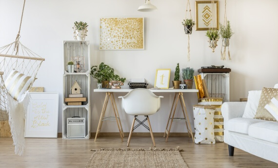 Tidy home workspace with gold accent